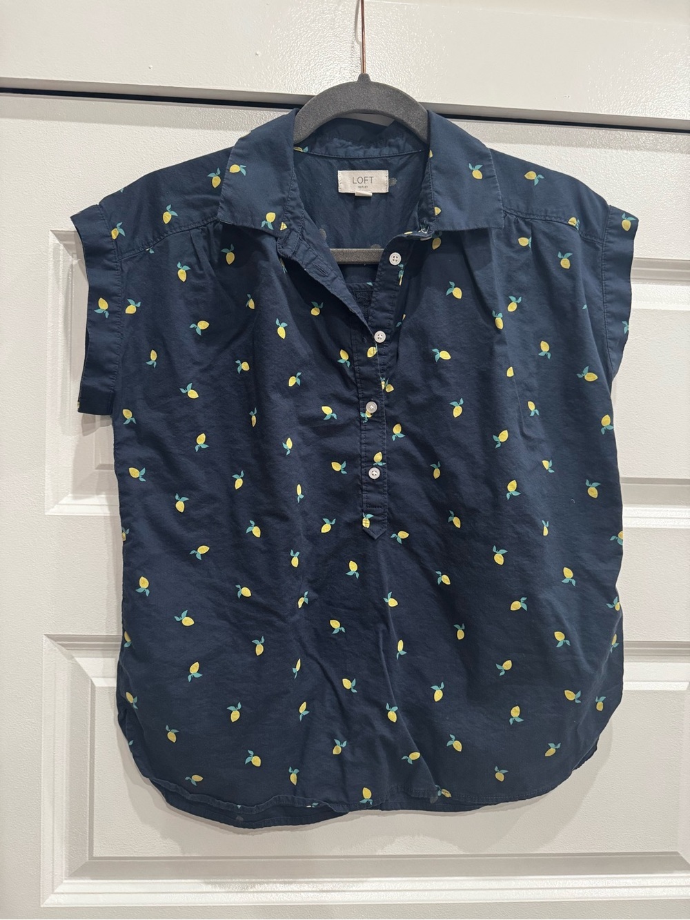 LOFT Navy Lemon-Print Short Sleeve Button Shirt